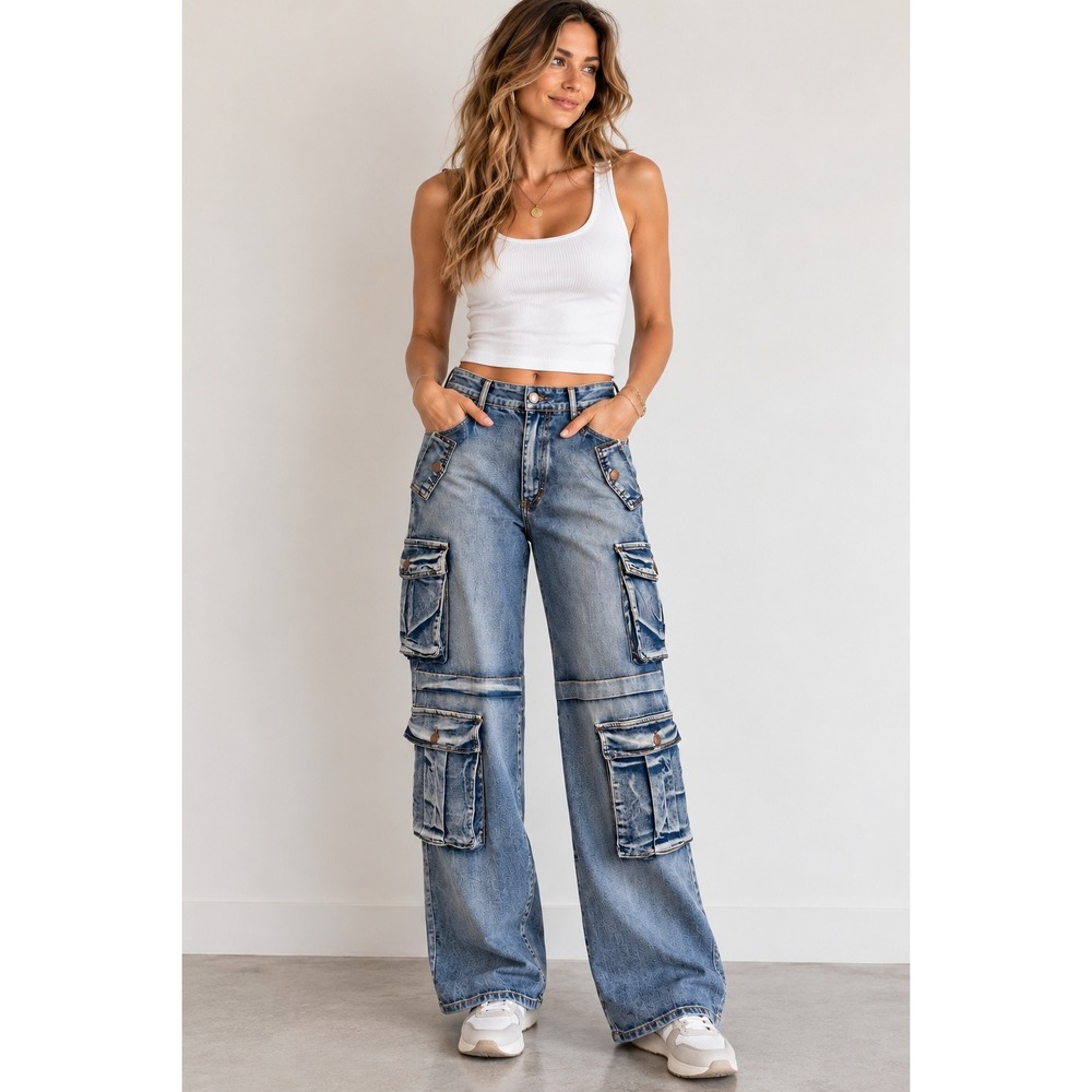 Daisy Women's Multi Pocket Cargo Jeans Large Blue Y2K Wide Leg Minimalist DP2000